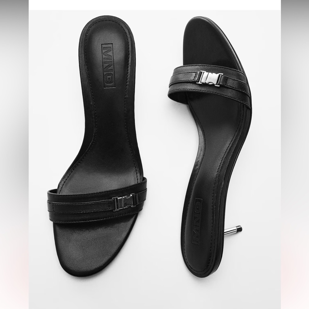 Mango Black Leather Sandals w/ Metallic Heel 37